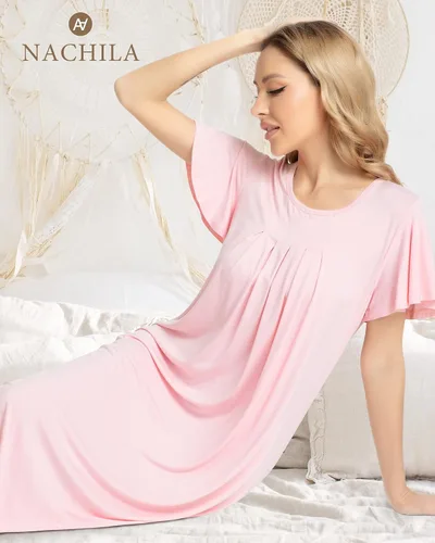 Vista 5 de NACHILA Nightgowns for Women-Viscose Made from Bamboo, Short Sleeve Nightgown V Neck Nightshirt Soft Sleepwear Dress