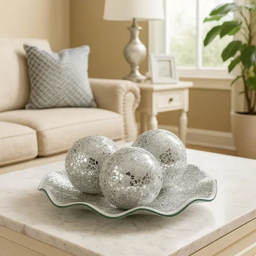 Vista 2 de Juego de bandejas decorativas de vidrio de mosaico, cuenco de plato de 11.5 pulgadas con 3 bolas, 3.75 pulgadas, centro de mesa hecho a mano