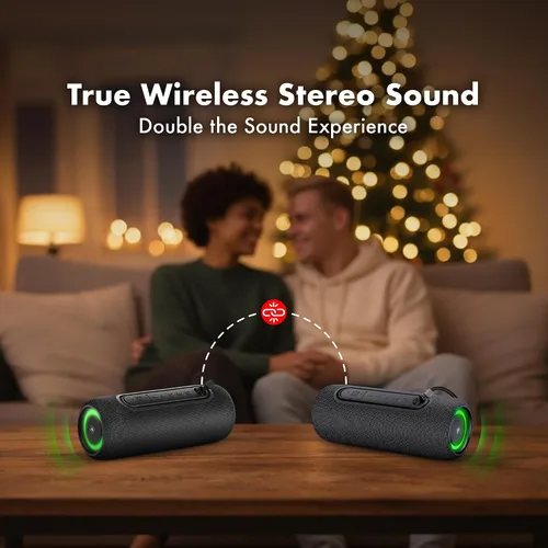 Vista 5 de Fisher Altavoces Bluetooth portátiles IPX5 impermeable altavoz, 14 W de potencia máxima estéreo Bluetooth altavoz, luces RGB, TWS, BT 5.3, micrófono