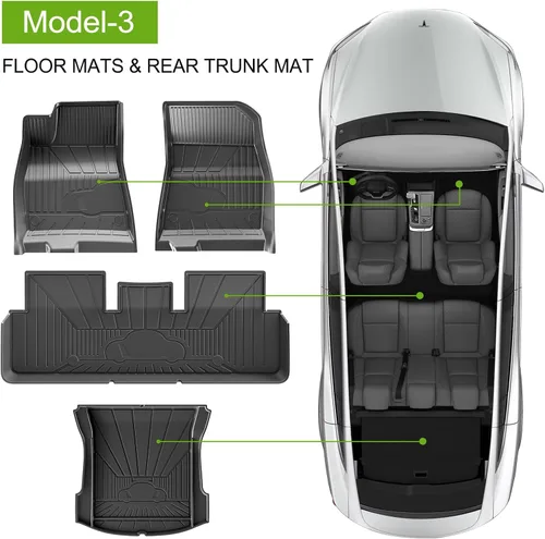 Vista 2 de Alfombrillas para el suelo y el maletero trasero de Tesla Model 3, para todo tipo de clima, de elastómero termoplástico, antideslizantes