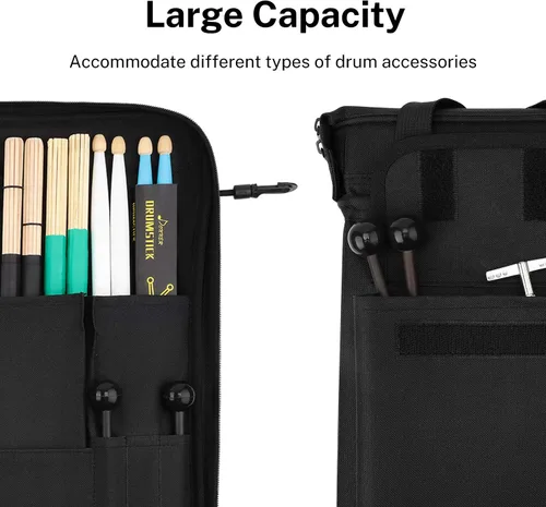 Vista 4 de Donner - Porta baquetas de gran capacidad con espesor, bolsa para baquetas, colgante y portátil para baquetas, cepillos y mazos, hasta 12 pares