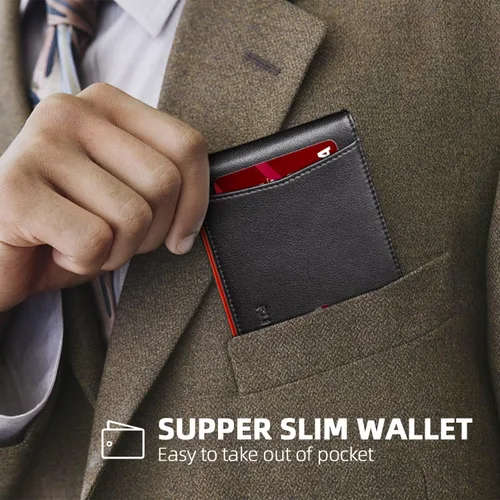 Vista 2 de RUNBOX - Cartera minimalista y delgada para hombre con clip de dinero, bloqueo RFID y piel para bolsillo frontal