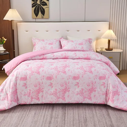 Vista 25 de Koniroom 6-Piece Pink Comforter Set Twin Size - Reversible Beige White Flower Bed in a Bag with Sheets, Pillowcases, Shams, and Decorative Pillow
