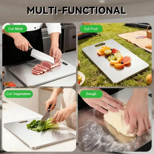 Vista 4 de Tabla de cortar de titanio, tabla de cortar de acero inoxidable para cocina, tabla de cortar de grado alimenticio 304, a prueba de deformación