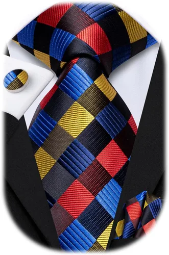 Vista 55 de Hi-Tie Corbata clásica de cachemira para hombre con pañuelo y gemelos a cuadros