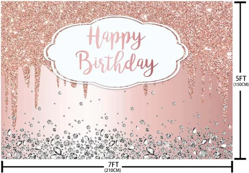 Vista 5 de Telón de fondo de 7 x 5 pies para cumpleaños con purpurina que gotea, diamantes de cristal, rosa dorado, para fotografía, decoración para fiesta