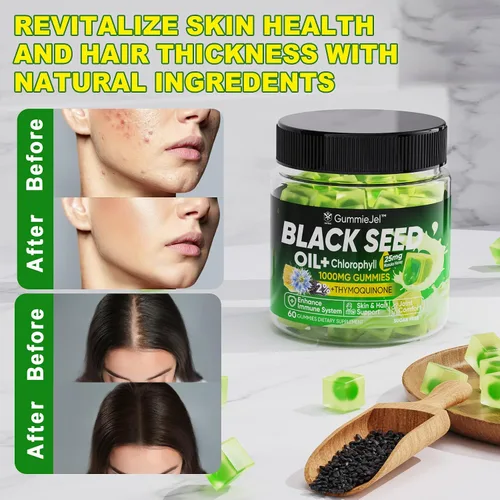 Vista 6 de Gomitas de aceite de semilla negra y clorofila, biotina de 500 mcg con colágeno hidrolizado, miel de manuka cruda, orgánica prensada en frío, máxima
