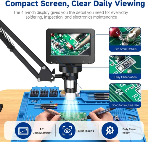 Vista 5 de 4.3 Inch Digital Soldering Microscope with C-Clamp For PCB repair and soldering checks; compact clamp setup keeps both hands free, and the screen