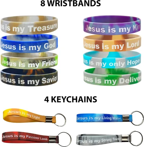 Vista 2 de Proverbs 1810 Products Colorido llavero de pulsera cristiana brillante (12) paquete de pulseras de Jesús a granel y llaveros de Jesús de goma