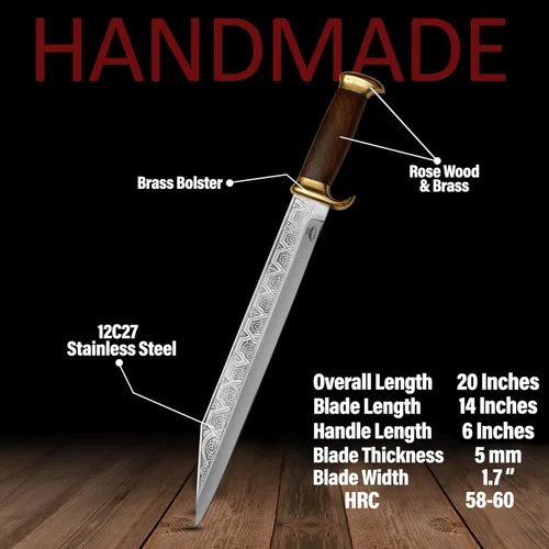 Vista 6 de Cuchillo largo de Seax vikingo hecho a mano con funda, hoja de seax celta guerrero medieval con mango de madera, regalo histórico coleccionable
