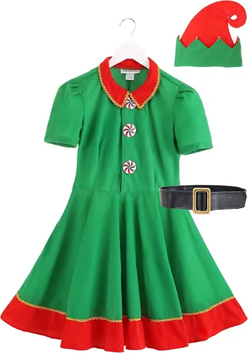 Vista 7 de Adult Holiday Elf Costume, Women's Elf Outfit with Elf Dress, Hat, and Belt, Christmas Costume for Women