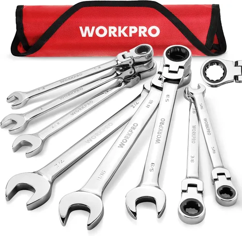 Vista 20 de WORKPRO Llave combinada de trinquete de 1/2 pulgada SAE, CR-V construida con cromado pulido espejo, diseño de 12 puntos, desplazamiento de 15 grados