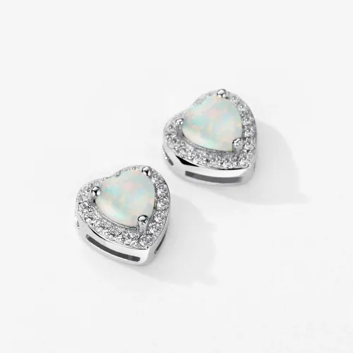 Vista 4 de Pendientes de ópalo de plata de ley con forma de corazón de circonio cúbico de octubre de piedra natal