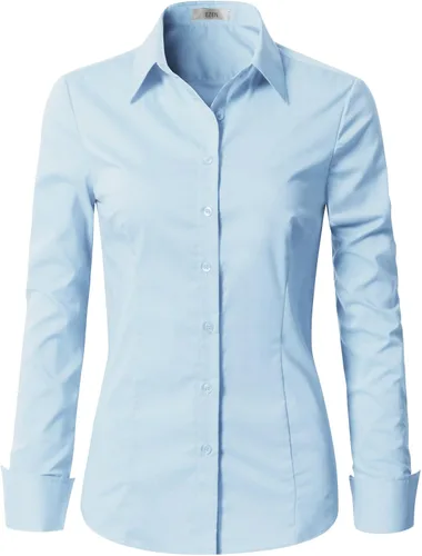 Vista 16 de EZEN - Blusa de manga larga, ajustada, elástica, con cuello de botones para mujer, para oficina, estilo formal, casual