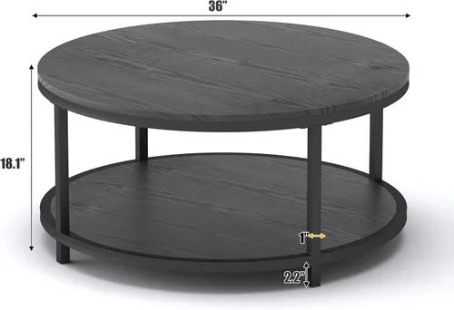 Vista 2 de WiberWi Mesa de Centro Redonda Negra de 35.8" Mesas de Centro Circulares para Sala de Estar Diseño Industrial Rústico con Patas de Marco de Metal