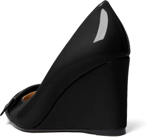 Vista 5 de AUMOTED Zapatos de tacón de cuña para mujer, con punta puntiaguda, tacones de lazo de tacón alto, zapatos de vestir clásicos para oficina, boda