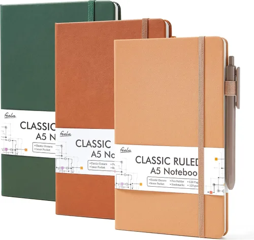 Vista 8 de feela Paquete de 3 Cuadernos Diarios a Granel, Cuaderno de Tapa Dura Clásico con Rayas Rayado Diarios con Soporte para Bolígrafo para Mujeres Niñas