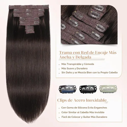 Vista 3 de Sisily Extensiones de cabello humano real con pinzas, extensiones de cabello humano real de alta calidad, color marrón oscuro, extensiones