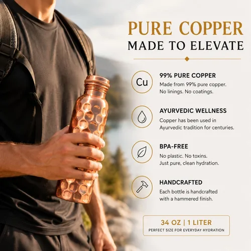Vista 4 de Botella de agua de cobre 100% puro para beber 34 Oz-Honeycomb