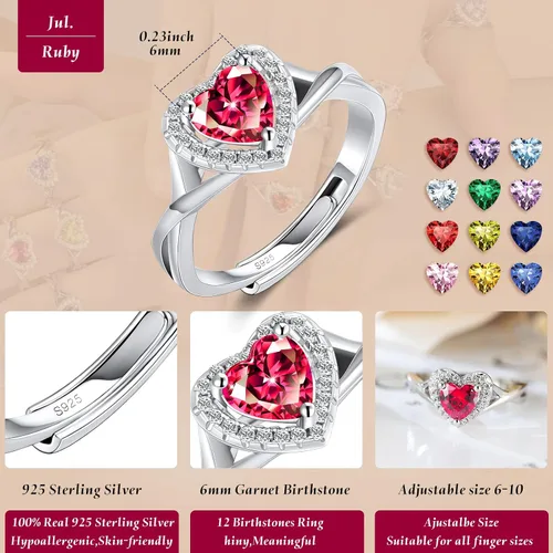 Vista 3 de Anillos de plata de ley S925 con piedra natal para mujer, anillo de compromiso ajustable para esposa, mamá, hija, joyería de cumpleaños, boda