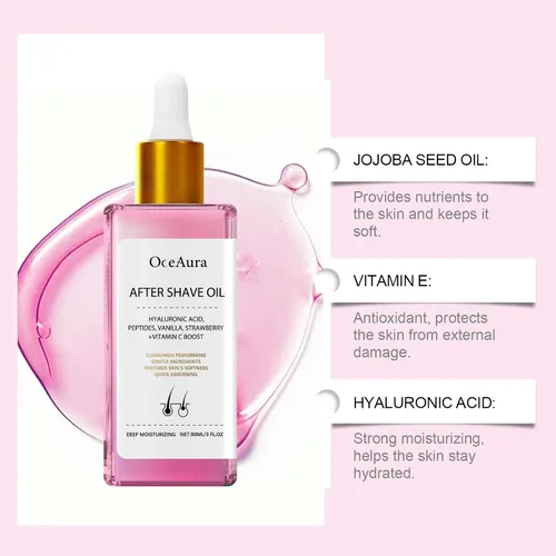 Vista 4 de Aceite para después del afeitado de vainilla y fresa, aceite suave para después del afeitado para suavizar la piel con ácido hialurónico y péptidos