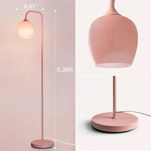 Vista 4 de ONEWISH Lámpara de pie rosa, moderna lámpara de pie para sala de estar, dormitorio, pantalla de lámpara de cristal, bombilla LED incluida, bonito