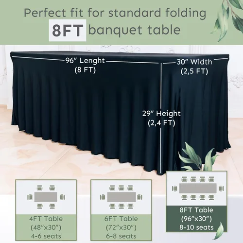 Vista 2 de Paquete de 2 faldas de mesa para mesas rectangulares de 8 pies - Funda de spandex para mesas de boda estándar de 8 pies - Mantel elástico ajustado