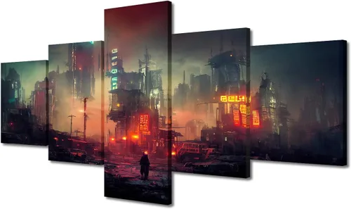 Vista 145 de Cuadros de 5 paneles de Cyberpunk City, arte de pared, representación de vallas publicitarias, edificios modernos en la capital con obras de arte