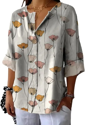 Vista 20 de domirica Camisas de manga corta con cuello en V para mujer, blusas elegantes con estampado floral y ajuste holgado, blusas básicas y cómodas