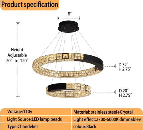 Vista 3 de Candelabro LED de anillo dorado para sala de estar, comedor y dormitorio, lámparas de cristal modernas, iluminación colgante, lámparas ajustables
