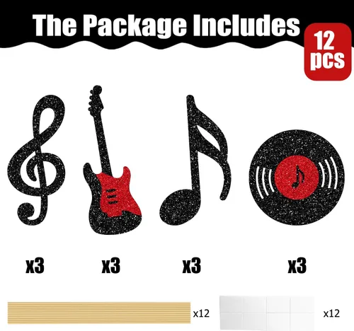 Vista 4 de Centro de mesa de notas musicales para decoración de fiesta de cumpleaños musical de rock, 12 piezas de decoración de mesa de guitarra de rock