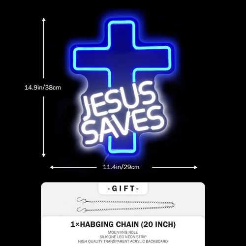 Vista 5 de Letreros de neón con cruz de Jesús salva, letreros LED para decoración de pared, regulables, luces de neón de Jesús para dormitorio, sala de estar