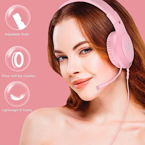 Vista 4 de Auriculares de juego rosas para Nintendo Switch, Xbox One, PS4, PS5, sonido envolvente de graves y cancelación de ruido con micrófono flexible
