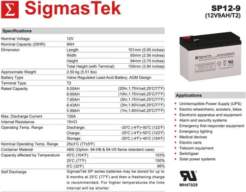 Vista 3 de APC BN700MC - Batería de repuesto para UPS de 12 V y 9 Ah compatible con RBC17 por Sigmastek