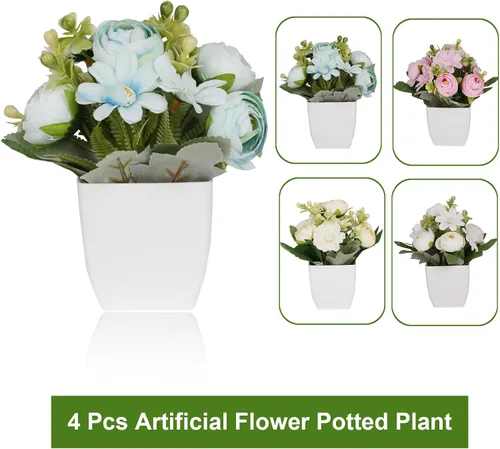 Vista 3 de Yoratee 4 paquetes de plantas falsas pequeñas en maceta con camelia para el hogar, interiores y exteriores, pequeñas decoraciones