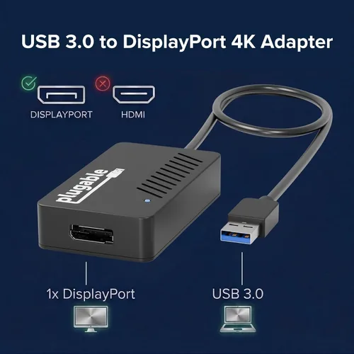 Vista 2 de Plugable Adaptador de gráficos de video USB 3.0 a DisplayPort 4K UHD para múltiples monitores de hasta 3840x2160 compatible con Windows 11,10, 8.1