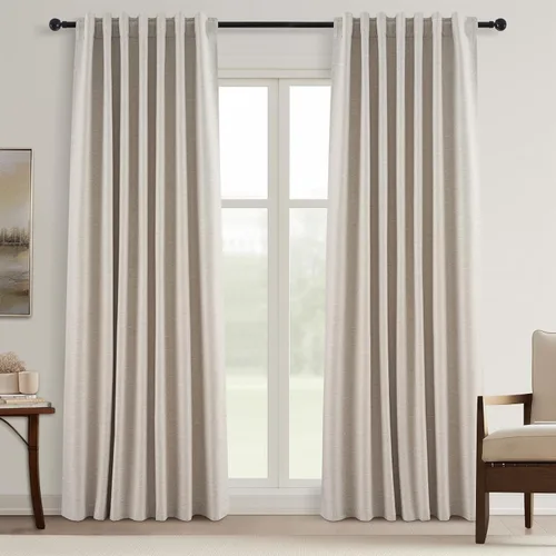 Vista 16 de Topfinel Cortinas opacas, blanco beige, 2 paneles, ventanas pequeñas, textura, mezcla de lino, bohemia, abedul, rural, gancho, bolsillo trasero