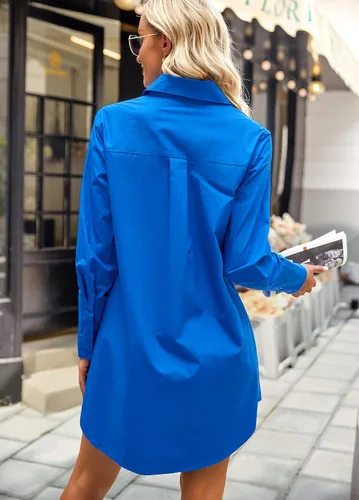 Vista 3 de KAYWIDE Vestido camisero de manga larga con cuello en V y botones para mujer, mini vestidos con bolsillos, blusa de color liso