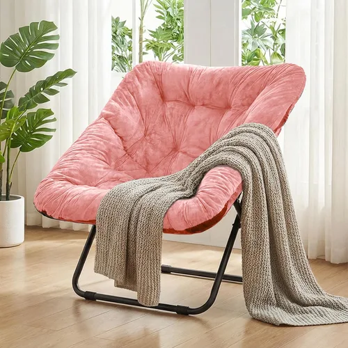 Vista 12 de Grezone Silla plegable con platillo, silla de luna perezosa de gran tamaño con marco de metal, cómodas sillas de dormitorio para dormitorio, sala