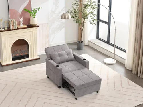 Vista 8 de Silla cama cama convertible ajustable con almohada, silla extraíble con puertos USB, antiarañazos, para sala de estar, dormitorio, apartamento, Lino