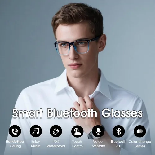 Vista 2 de Gafas inteligentes Bluetooth para hombres y mujeres, asistente de voz e impermeabilidad IPX5, lentes inteligentes fotocromáticos con altavoces