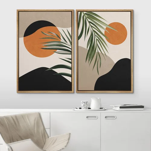 Vista 3 de IDEA4WALL Lienzo Enmarcado Impreso Arte de Pared Set Paisaje de Hojas de Palma de Selva de Mediados de Siglo Naturaleza Silvestre Ilustraciones Arte