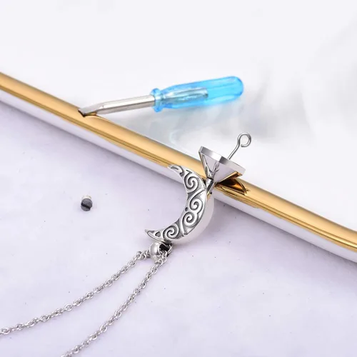 Vista 5 de JXJL Collar de urna con colgante de luna de cremación de plata de ley 925 para mujeres y niñas, medallón conmemorativo clásico de media luna celta