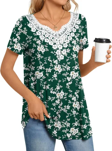 Vista 3 de CATHY Blusa de verano para mujer, manga corta, cuello en V, encaje de ganchillo, informal, plisada