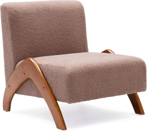 Vista 13 de Silla decorativa de gran tamaño, tapizada sin brazos de mediados de siglo, moderna silla de sala de estar con patas de madera para dormitorio Beige
