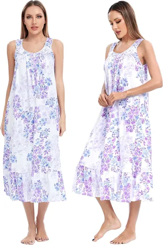 Vista 3 de IZZY + TOBY Camisones de algodón para mujer, sin mangas, suave, camisón de noche, camisón largo