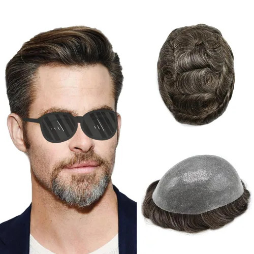 Vista 47 de Toupee para hombres Sistema de reemplazo de cabello humano PU piel fina V-looped Hair Piece Nature Hair System para hombre Toupee 6X8#1B Off Black