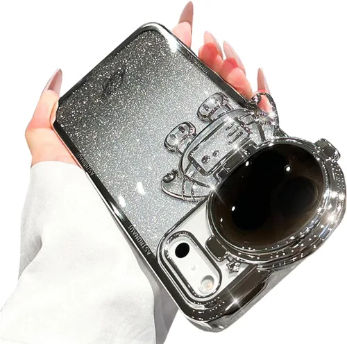 Vista 25 de Funda de teléfono con soporte oculto de astronauta para iPhone 11, bonito protector de cámara de lente de astronauta, soporte con purpurina