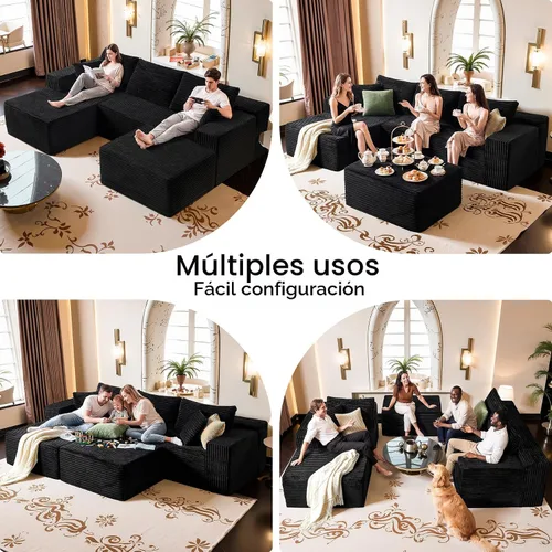 Vista 3 de Sofá modular negro de 108 pulgadas con otomana, sofá en forma de U en forma de nube para sala de estar, no necesita montaje, tela de pana de felpa