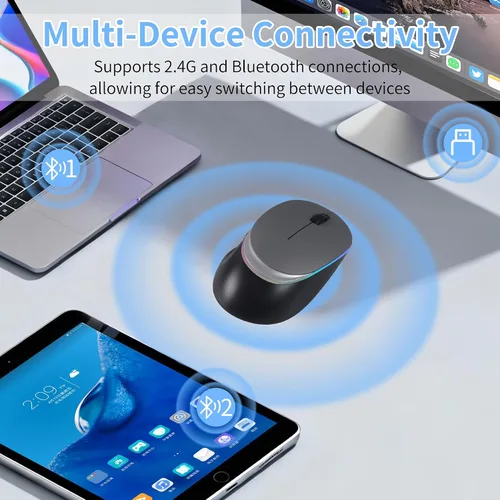 Vista 2 de Ratón ergonómico inalámbrico Bluetooth con luz LED RGB, ratones de computadora portátiles silenciosos recargables de modo dual con receptor USB